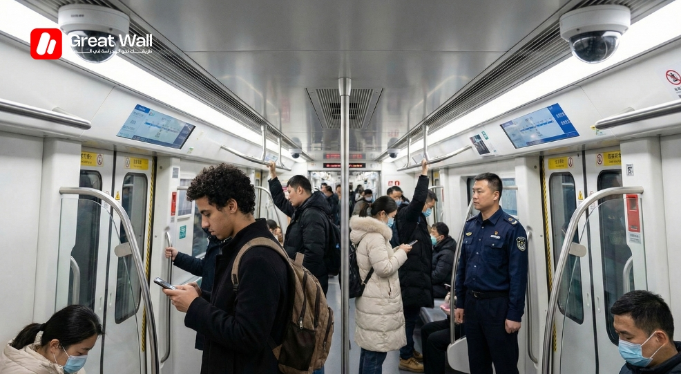 Metro securise a Pekin avec cameras de surveillance, montrant le faible taux de criminalite en Chine
