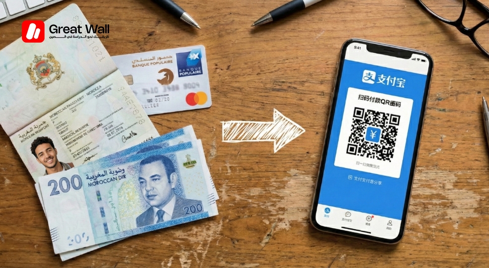 Moroccan bank card and Dirhams next to a smartphone showing Alipay, illustrating the Dotation Étude process for transferring money to China.