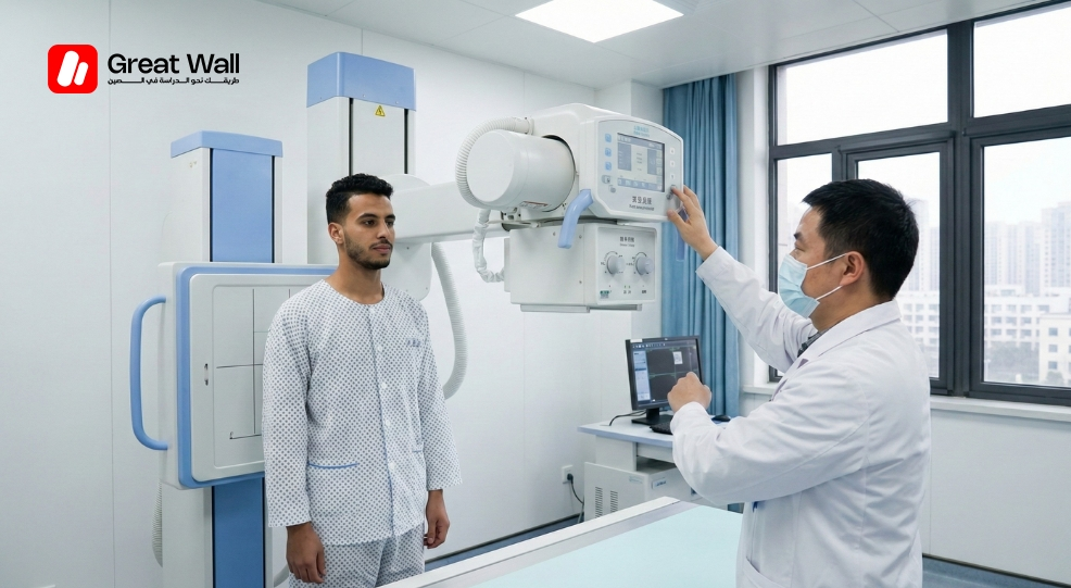 Moroccan student undergoing a chest X-ray as part of the required physical examination for the Chinese student Residence Permit application.