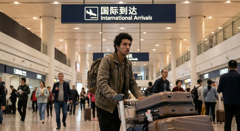Moroccan student with luggage arriving at a Chinese airport international arrivals hall, beginning his study abroad journey.