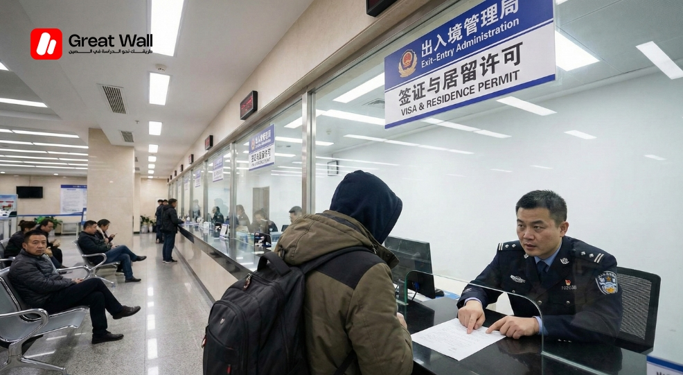 Officier de l administration des entrees et sorties chinoise verifiant un passeport etudiant pour infractions de travail illegal et conformite du visa