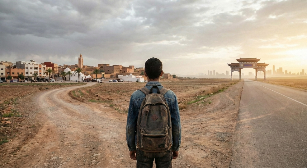 Student standing at a crossroads deciding between staying in Morocco or a university transfer to China.