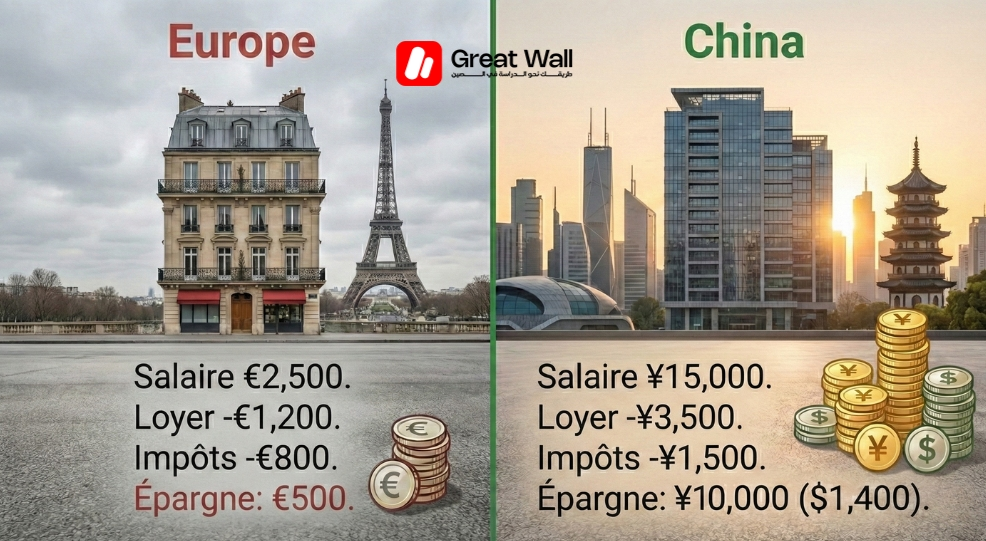 Tableau  illustrant le potentiel d epargne financiere plus eleve pour les jeunes diplomes qui choisissent de rester en Chine avec un visa de travail par rapport a l Europe