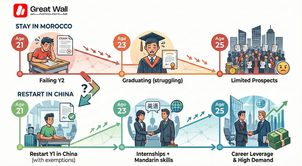 Timeline chart comparing long-term career value between staying in a local degree versus a university transfer to China for a 21-year-old student.