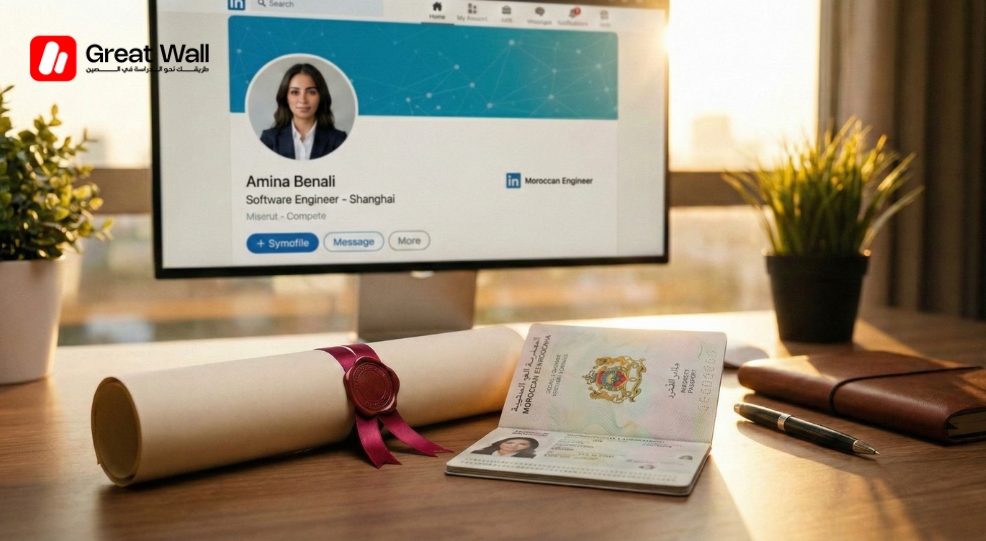 Un diplome chinois enroule a cote d un passeport marocain  symbolisant la reconnaissance des diplomes chinois au Maroc et la reussite future