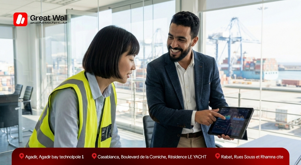 Un professionnel marocain bilingue collaborant avec un collegue chinois au Maroc un resultat reussi apres avoir suivi une annee preparatoire en Chine avant son diplome