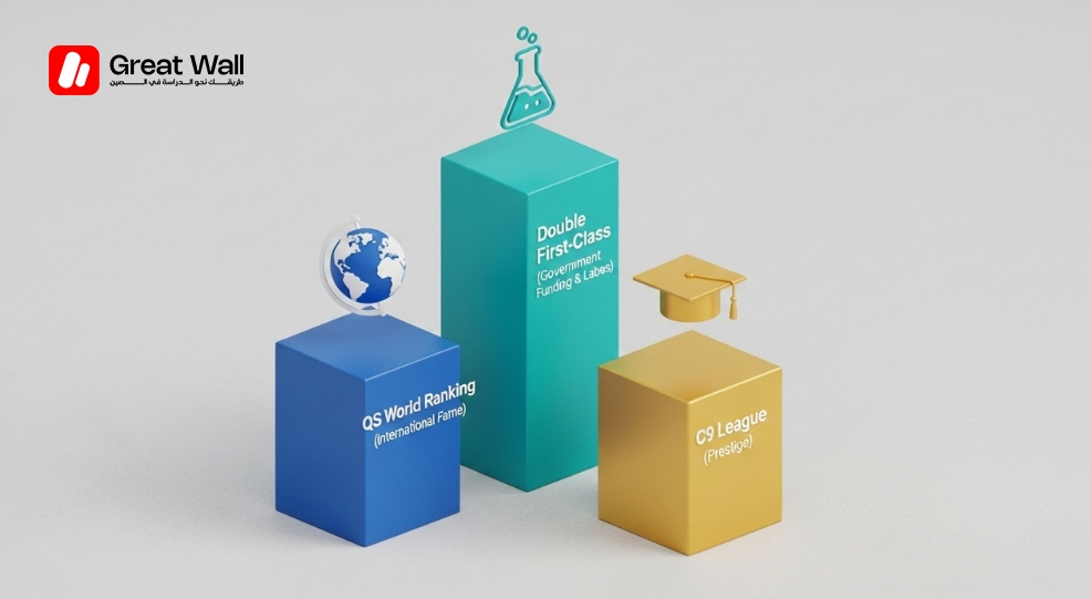 Une infographie 3D comparant le classement QS, le Double First-Class et la Ligue C9 pour expliquer la complexite du classement des universites chinoises