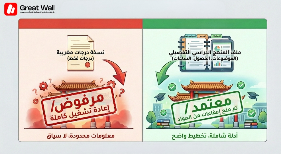 إنفوجرافيك يوضح كيفية الحصول على معادلة للمواد عند استكمال الدراسة في الصين باستخدام ملف التوصيف البيداغوجي بدلاً من كشف النقط فقط. إنفوجرافيك يوضح كيفية الحصول على معادلة للمواد عند استكمال الدراسة في الصين باستخدام ملف التوصيف البيداغوجي بدلاً من كشف النقط فقط.