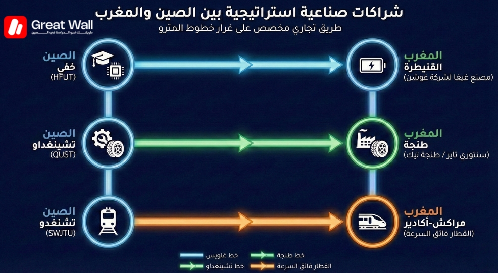 خريطة بيانية توضح المسارات المهنية المباشرة من جامعات الهندسة الصينية في خفي وتشينغداو إلى الوظائف الصناعية في القنيطرة وطنجة