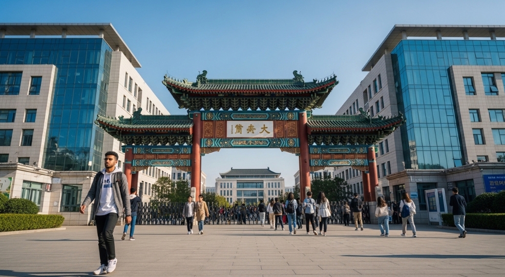 A Moroccan Student in front of a grand entrance of a prestigious public university in China, highlighting the scale and government-funded architecture.