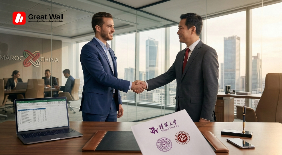 A Moroccan professional shaking hands with a Chinese businessman in Casablanca, symbolizing career growth and the ability to work while studying in China. A Moroccan professional shaking hands with a Chinese businessman in Casablanca, symbolizing career growth and the ability to work while studying in China.