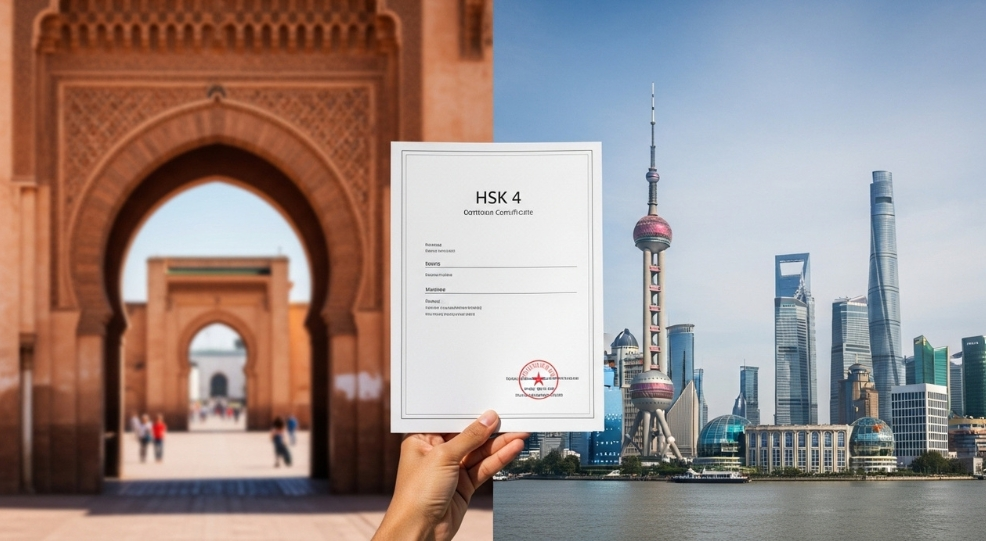 A Moroccan student holding an HSK 4 certificate with a background split between a traditional Moroccan arch and the Shanghai skyline, illustrating HSK Requirements China for 2026.