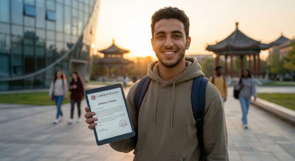 A Moroccan student smiling on a modern Chinese campus holding an admission notice, showcasing the top opportunities to study in China for Moroccans.