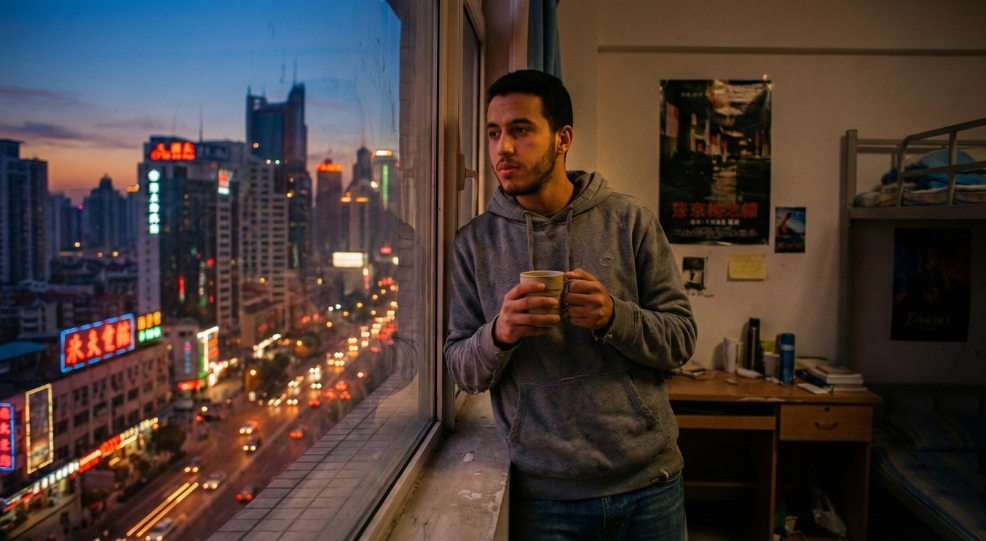 A contemplative Moroccan student standing by a dormitory window at dusk with a cup of tea, overlooking a modern city skyline while observing Ramadan in China.