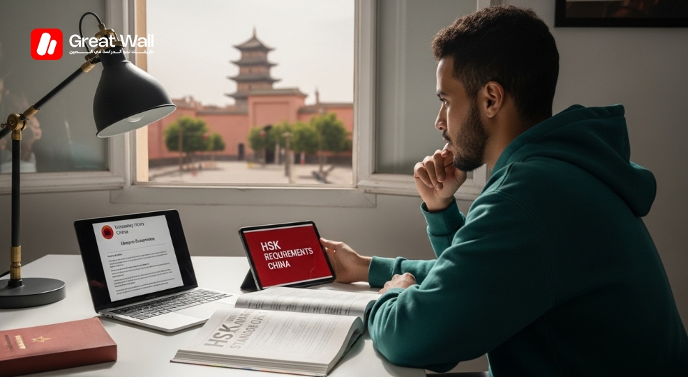 A realistic photograph of a Moroccan student studying for the HSK test with an HSK textbook and a laptop showing an acceptance letter, illustrating how to meet HSK Requirements China. A realistic photograph of a Moroccan student studying for the HSK test with an HSK textbook and a laptop showing an acceptance letter, illustrating how to meet HSK Requirements China.