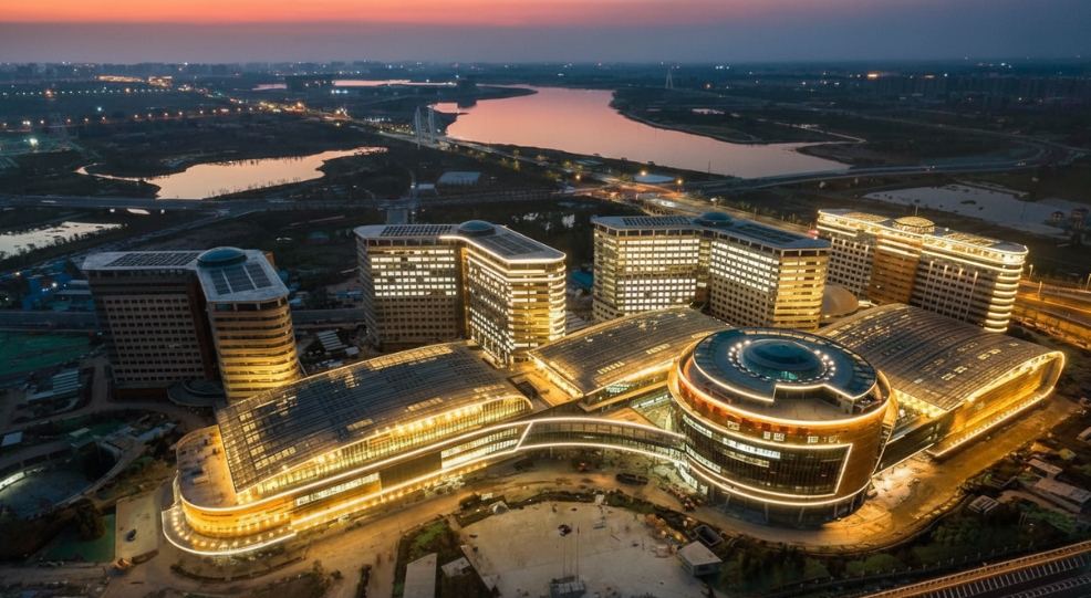 Aerial view of the Zhengzhou University campus at sunset with illuminated modern buildings.