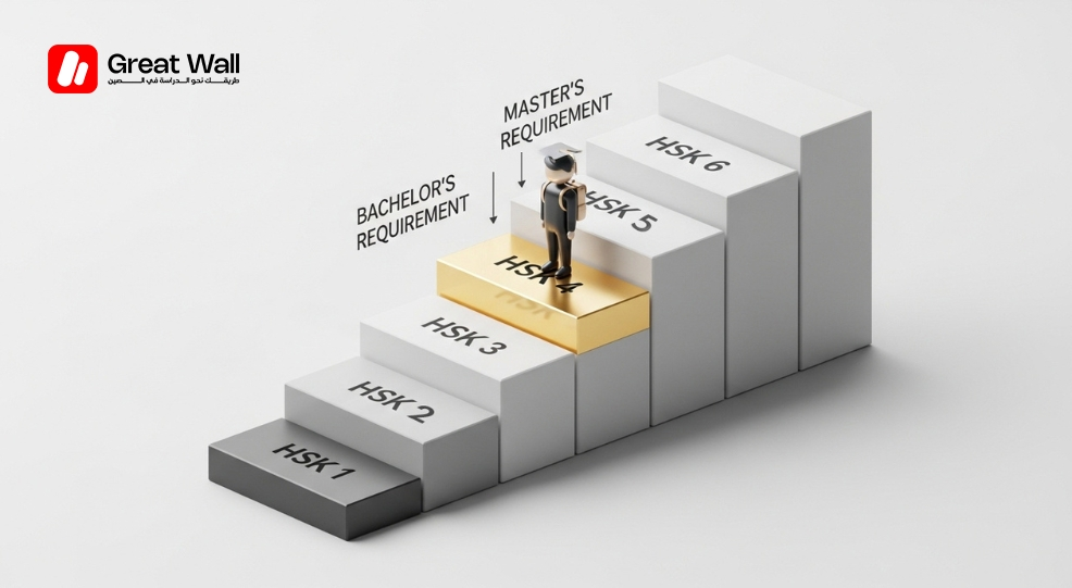 An infographic showing the 6 HSK levels and the specific HSK Requirements China for bachelor’s (HSK 4) and master’s degrees (HSK 5). An infographic showing the 6 HSK levels and the specific HSK Requirements China for bachelor’s (HSK 4) and master’s degrees (HSK 5).