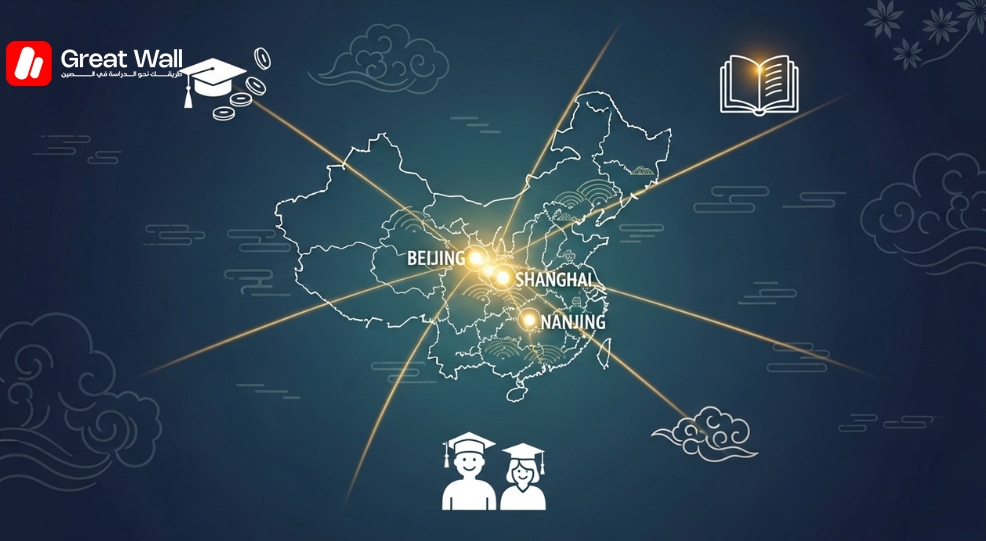 Carte infographique de la Chine soulignant les grandes villes universitaires et les opportunites de bourse Carte infographique de la Chine soulignant les grandes villes universitaires et les opportunites de bourse