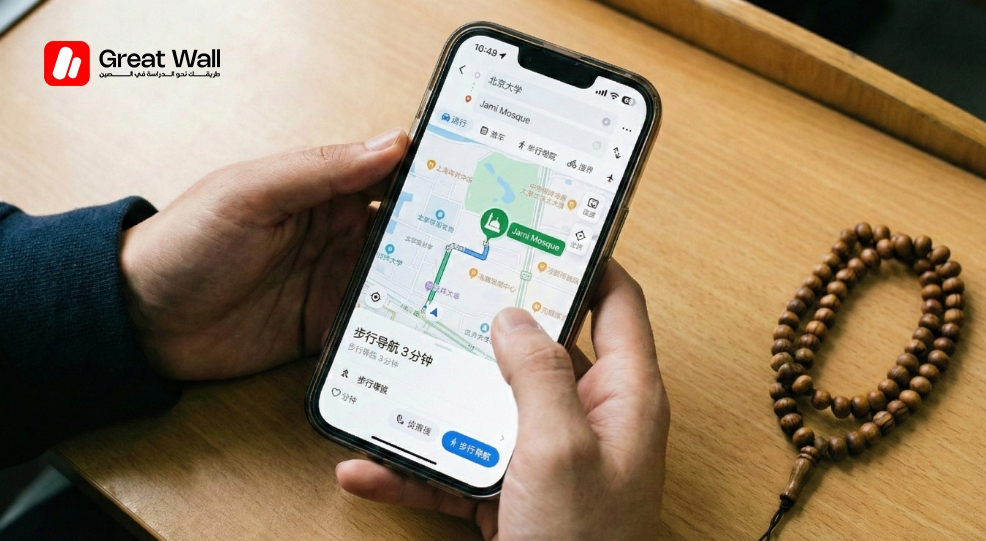 Close-up of a smartphone using a map app to locate the nearest mosque and halal food, an essential tool for navigating Ramadan in China.