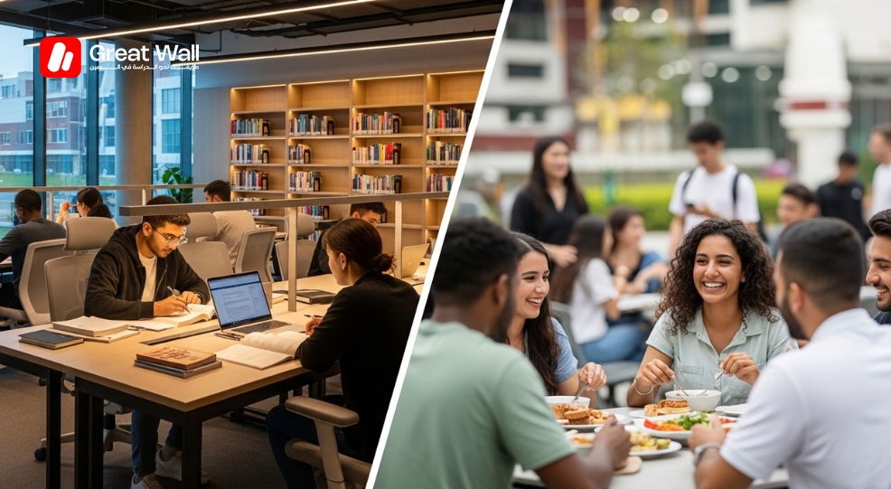 Collage montrant un etudiant marocain en plein cours et en activite sociale, illustrant la vie avec une bourse complete en Chine Collage montrant un etudiant marocain en plein cours et en activite sociale, illustrant la vie avec une bourse complete en Chine