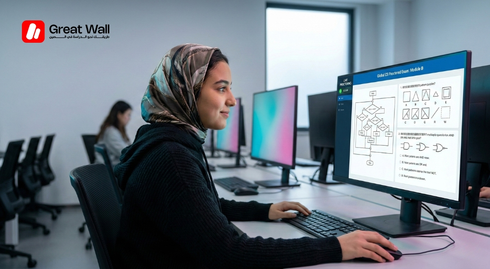 Etudiante marocaine preparant ses examens dans une universite chinoise prestigieuse, au cœur d un environnement d apprentissage technologique. Etudiante marocaine preparant ses examens dans une universite chinoise prestigieuse, au cœur d un environnement d apprentissage technologique.