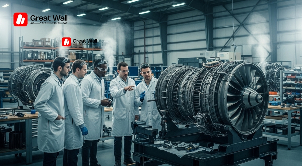Etudiants internationaux de l Universite BIT travaillant sur une turbine de moteur d avion dans un hangar aerospatial. Etudiants internationaux de l Universite BIT travaillant sur une turbine de moteur d avion dans un hangar aerospatial.