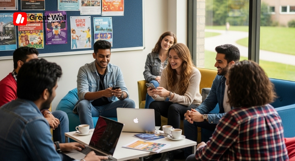 Etudiants internationaux riant et partageant un cafe dans un salon etudiant dynamique, illustrant la campus life multiculturelle de HIT. Etudiants internationaux riant et partageant un cafe dans un salon etudiant dynamique, illustrant la campus life multiculturelle de HIT.