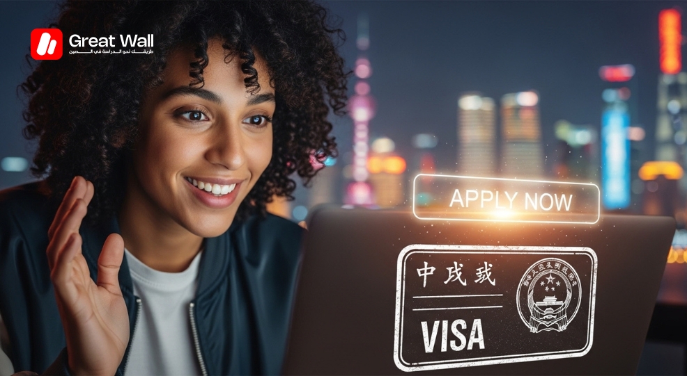 Excited Moroccan student applying online for a scholarship to study in China in 2026.