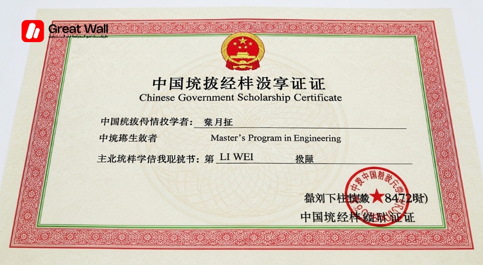 Gros plan d un certificat officiel de bourse CSC, representant la bourse du gouvernement chinois pour 2026 Gros plan d un certificat officiel de bourse CSC, representant la bourse du gouvernement chinois pour 2026