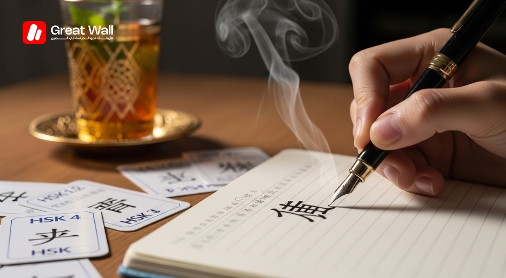 Gros plan d un etudiant se preparant au test HSK au Maroc, montrant des exercices d ecriture chinoise et des cartes de vocabulaire HSK 4. Gros plan d un etudiant se preparant au test HSK au Maroc, montrant des exercices d ecriture chinoise et des cartes de vocabulaire HSK 4.