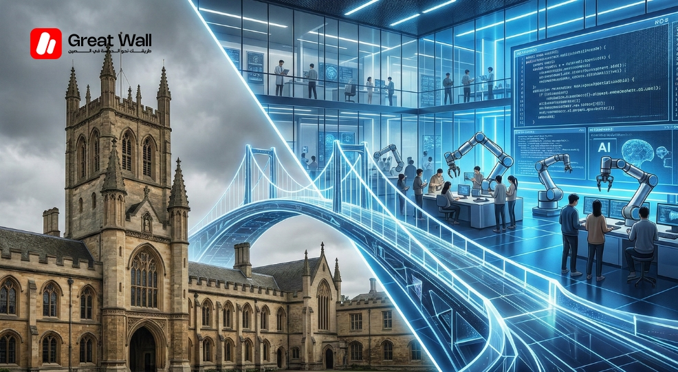 Image conceptuelle a gauche, une universite européenne traditionnelle, a droite, un laboratoire de recherche de pointe dans une grande université chinoise. Image conceptuelle a gauche, une universite européenne traditionnelle, a droite, un laboratoire de recherche de pointe dans une grande université chinoise.