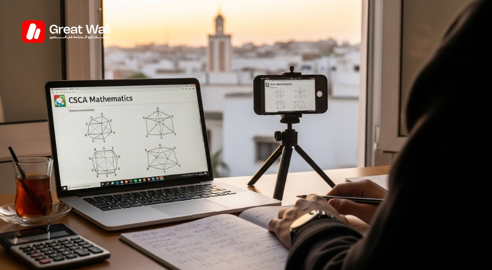 Installation pour la surveillance a distance du test CSCA au Maroc, incluant un ordinateur pour l examen de maths et un smartphone pour le contrôle. Installation pour la surveillance a distance du test CSCA au Maroc, incluant un ordinateur pour l examen de maths et un smartphone pour le contrôle.