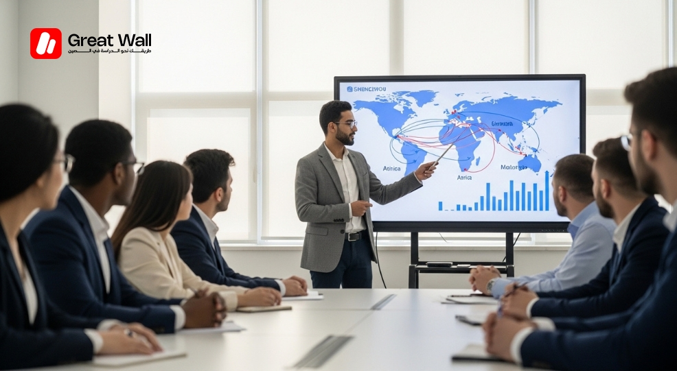 International business students discussing global trade at ZZU, focusing on bachelors programs and market strategy. International business students discussing global trade at ZZU, focusing on bachelors programs and market strategy.