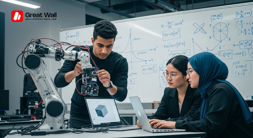 International students in a high tech robotics lab at NPU pursuing a bachelors program in engineering. International students in a high tech robotics lab at NPU pursuing a bachelors program in engineering.