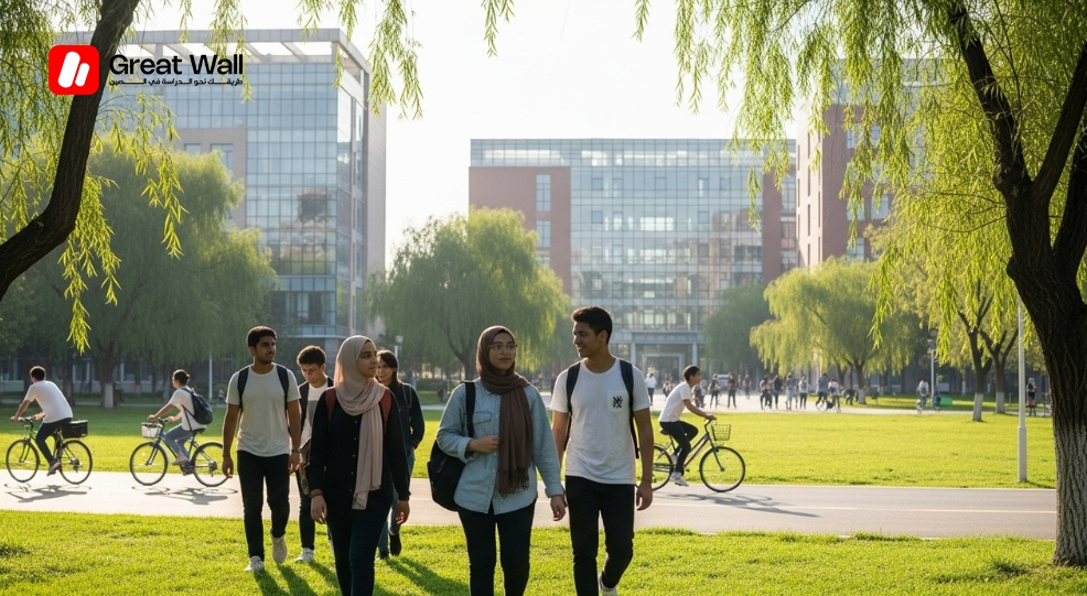International students walking through the green spaces of Zhengzhou University campus to attend classes for bachelors programs. International students walking through the green spaces of Zhengzhou University campus to attend classes for bachelors programs.