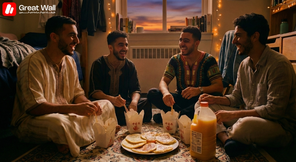Un groupe d amis marocains assis sur le sol d un dortoir partageant un repas commun et des rires  celebrant l Aid et la communaute pendant le Ramadan en Chine