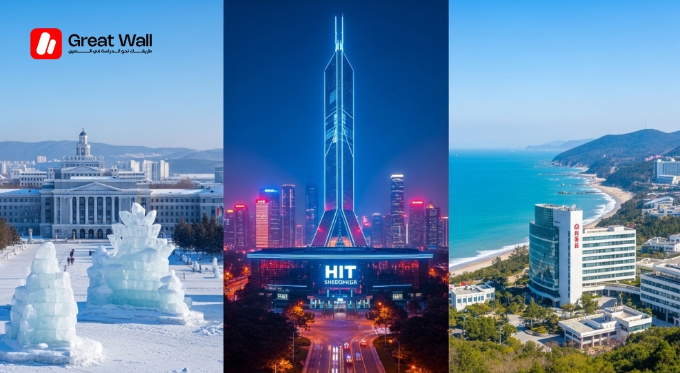 Un visuel en ecran scinde comparant le campus traditionnel enneige de Harbin et le campus moderne avec gratte-ciel a Shenzhen de L institute de Technologie de Harbin. Un visuel en ecran scinde comparant le campus traditionnel enneige de Harbin et le campus moderne avec gratte-ciel a Shenzhen de L institute de Technologie de Harbin.