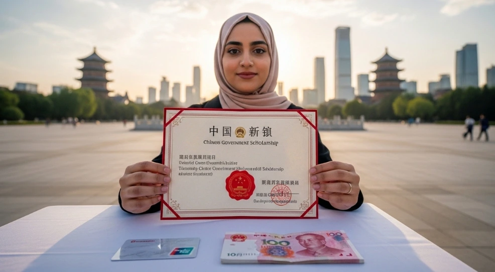 Une etudiante marocaine avec son certificat officiel de bourse CSC d une carte UnionPay et de devises RMB illustrant l allocation mensuelle de subsistance