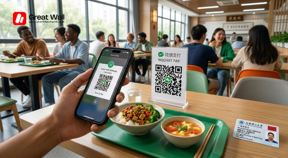 Using a mobile payment app in a Chinese university cafeteria, highlighting the modern lifestyle and cost of living in China for students. Using a mobile payment app in a Chinese university cafeteria, highlighting the modern lifestyle and cost of living in China for students.
