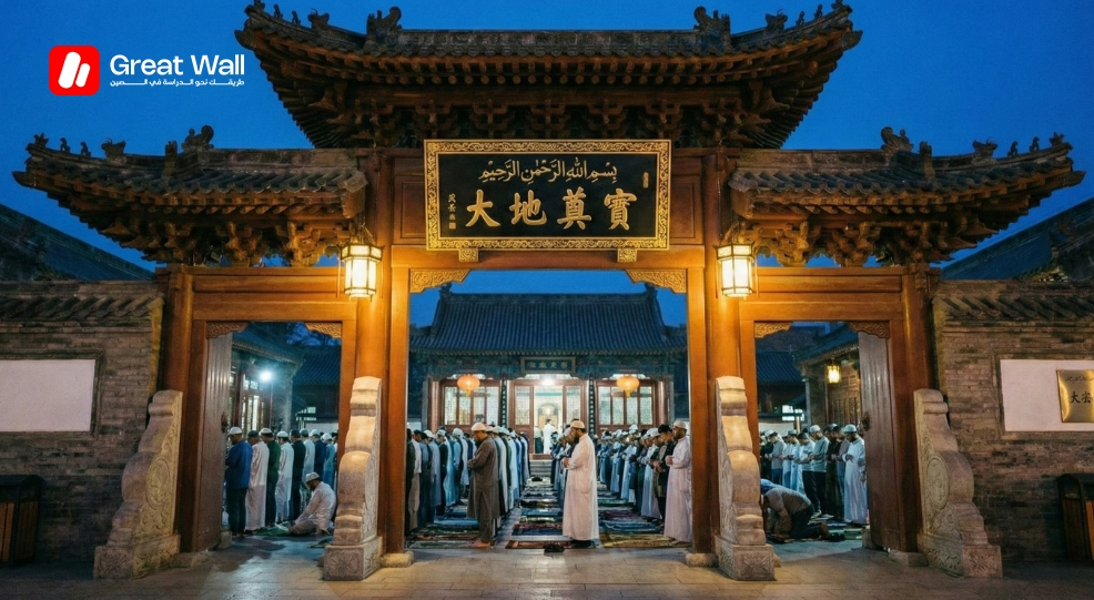 Vue d une congregation diversifiee d hommes musulmans effectuant la priere commune de Tarawih dans une mosquee chinoise traditionnelle pendant le Ramadan en Chine