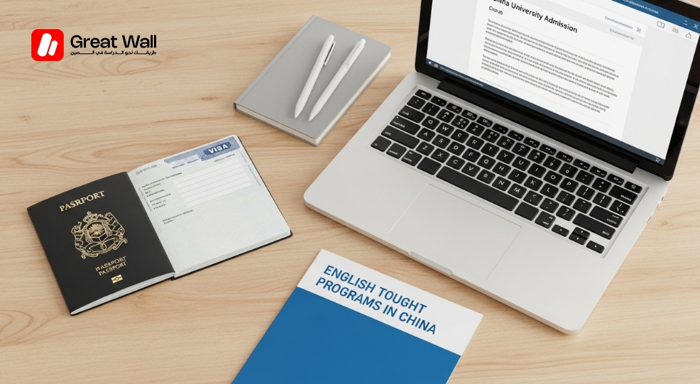 إعداد مكتب يظهر وثائق القبول للطلاب الراغبين في الدراسة في الصين بدون HSK عبر البرامج المدرسّة باللغة الإنجليزية. إعداد مكتب يظهر وثائق القبول للطلاب الراغبين في الدراسة في الصين بدون HSK عبر البرامج المدرسّة باللغة الإنجليزية.