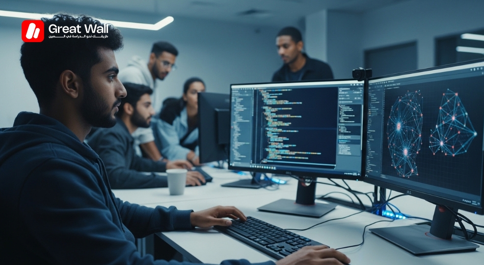 طالب علوم حاسوب في مختبر تقني حديث في حرم جامعة تشنغتشو (Zhengzhou University)، يستكشف برامج البكالوريوس في الذكاء الاصطناعي. طالب علوم حاسوب في مختبر تقني حديث في حرم جامعة تشنغتشو (Zhengzhou University)، يستكشف برامج البكالوريوس في الذكاء الاصطناعي.