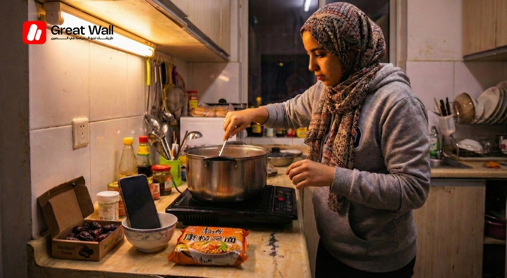 طالبة تحضر وجبة إفطار منزلية في مطبخ مشترك بالسكن وتتصل بوالدتها عبر الفيديو، مما يجسد الحياة اليومية خلال رمضان في الصين. طالبة تحضر وجبة إفطار منزلية في مطبخ مشترك بالسكن وتتصل بوالدتها عبر الفيديو، مما يجسد الحياة اليومية خلال رمضان في الصين.