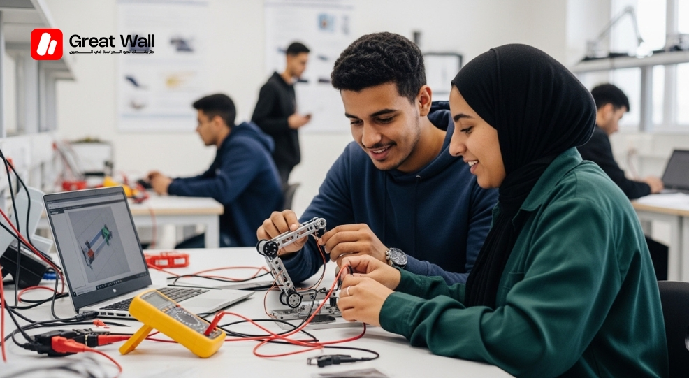 طلاب المرحلة الجامعية الأولى يتعاونون في مختبر هندسي حديث كجزء من برامج الإجازة المتنوعة في جامعة هاربين. طلاب المرحلة الجامعية الأولى يتعاونون في مختبر هندسي حديث كجزء من برامج الإجازة المتنوعة في جامعة هاربين.