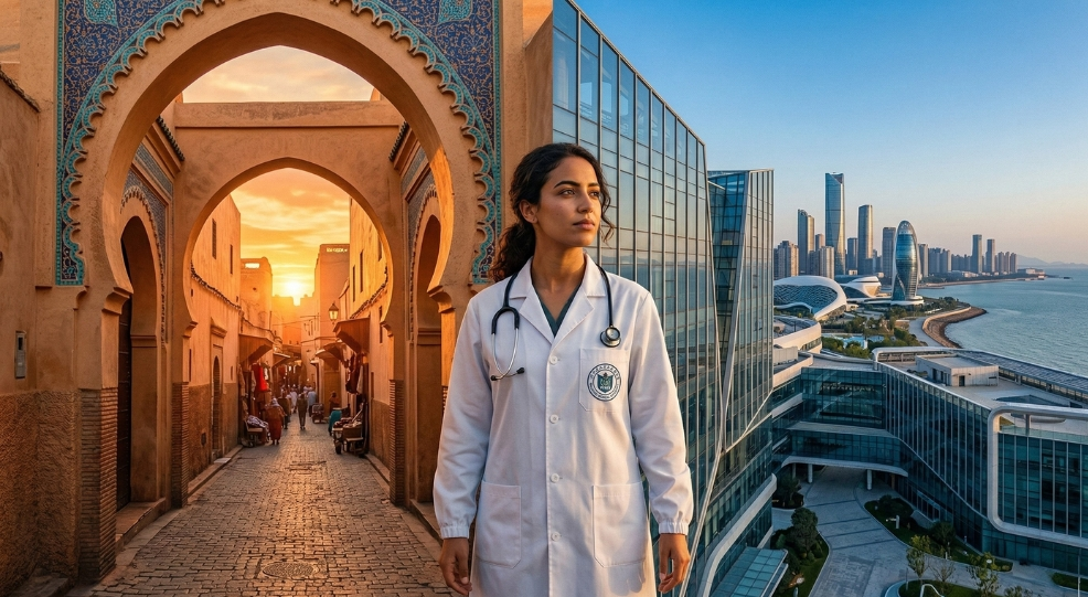 A Moroccan student in a white lab coat stands between a traditional Moroccan medina and the modern Wenzhou Medical University skyline in Wenzhou, symbolizing the journey to earn a medical degree in China. A Moroccan student in a white lab coat stands between a traditional Moroccan medina and the modern Wenzhou Medical University skyline in Wenzhou, symbolizing the journey to earn a medical degree in China.
