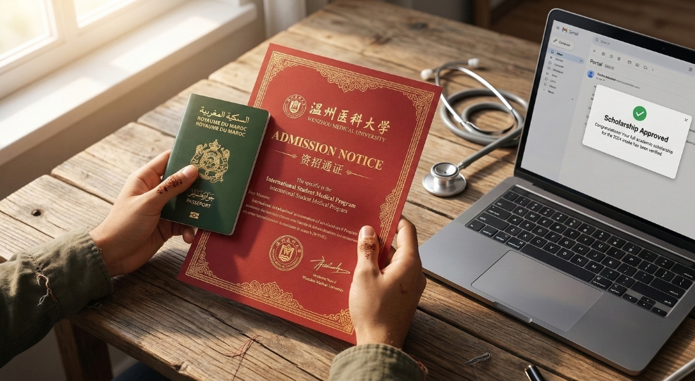A close-up of a Moroccan passport and a Wenzhou Medical University admission notice, representing a successful application for medical studies and a medical degree at WMU. A close-up of a Moroccan passport and a Wenzhou Medical University admission notice, representing a successful application for medical studies and a medical degree at WMU.