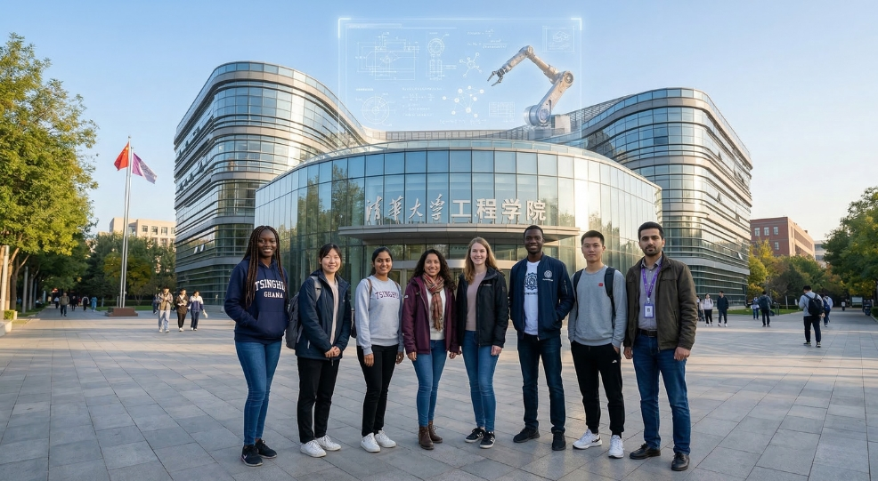 A diverse group of international students standing in front of a modern faculty building to study engineering in China at a top-tier campus