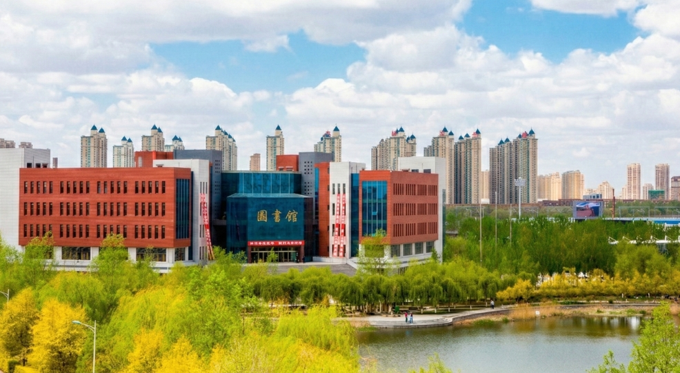 A wide view of the SYUCU campus library, featuring red-brick and glass architecture, set behind a serene pond and lush trees with a city skyline in the background.