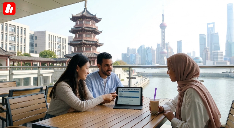Des etudiants internationaux discutant des bourses pour etudier l informatique en Chine a la terrasse d un cafe universitaire. Des etudiants internationaux discutant des bourses pour etudier l informatique en Chine a la terrasse d un cafe universitaire.
