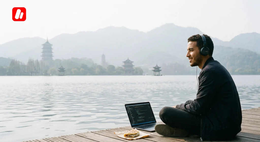 Etudiant marocain se relaxant au Lac de l Ouest a Hangzhou, ville prisee pour ses etudes. Etudiant marocain se relaxant au Lac de l Ouest a Hangzhou, ville prisee pour ses etudes.